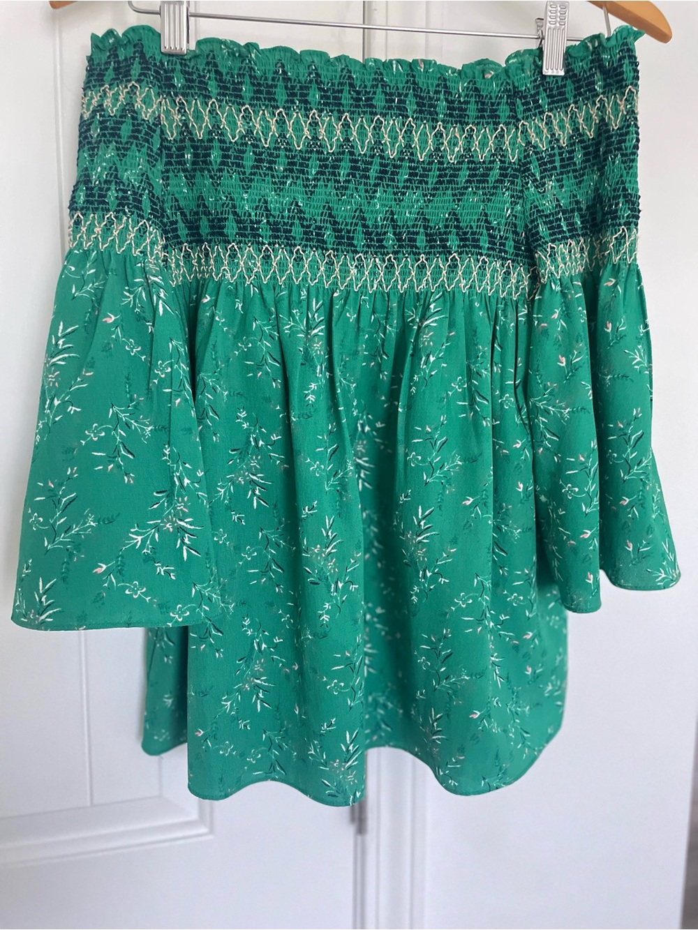 THML Green Off Shoulder Smocked Floral Top
